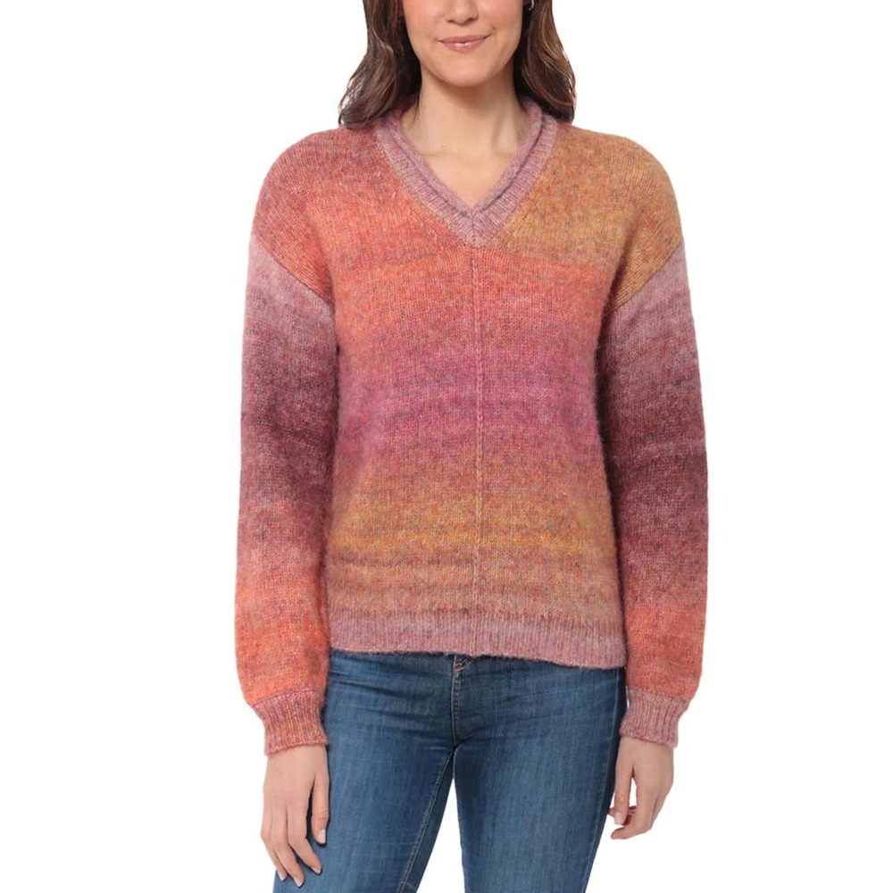 Briggs Womens V-Neck Ombre Space Dye Soft Knit Sweater Red Pink Large 1654146‎